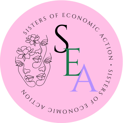 Sisters of Economic Action circular emblem with two overlapping faces and the letters S, E, A
